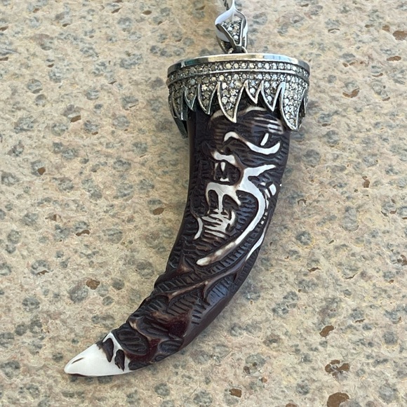 One of a kind Buffalo Horn carved Dragon with cap of diamond Pendant